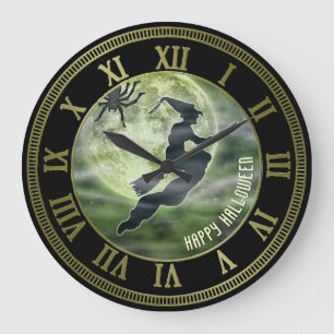 Halloween Fliegender Witz Silhouette Grüner Vollm Große Wanduhr