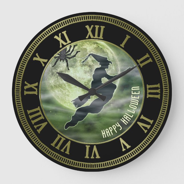 Halloween Fliegender Witz Silhouette Grüner Vollmo Große Wanduhr (Vorderseite)