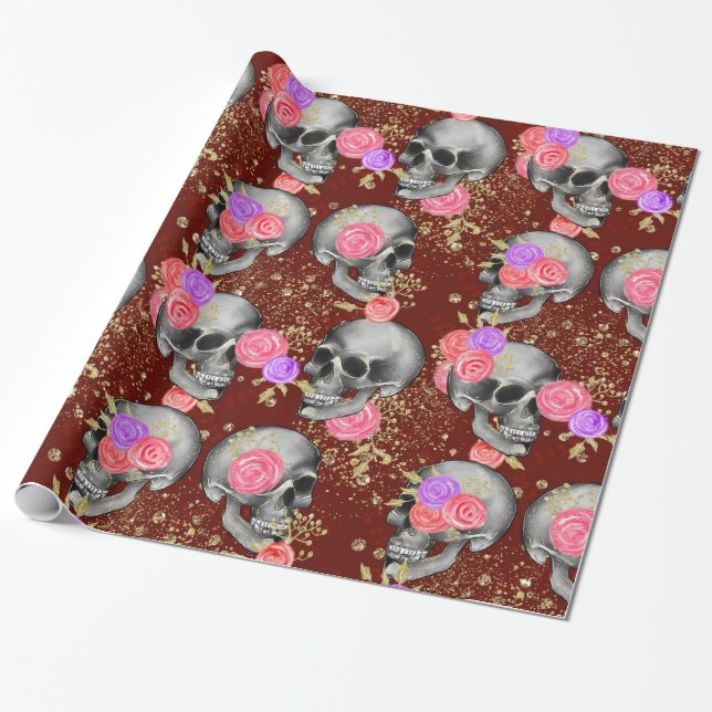 Halloween Floral Rose Beängstigend Creepy Skull Gl Geschenkpapier (Ungerollt)