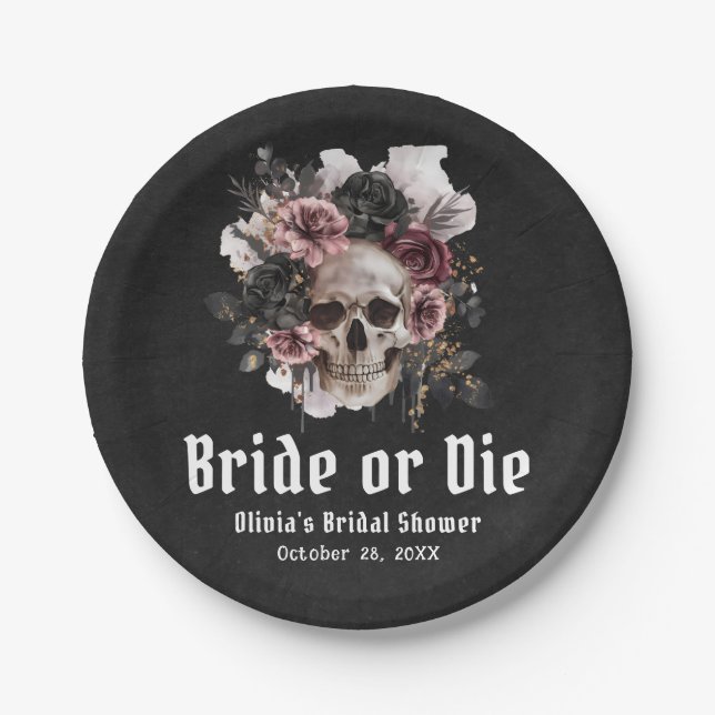 Halloween Floraler Totenkopf Braut oder Stirb Brau Pappteller (Vorderseite)
