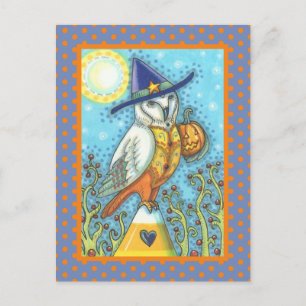 HALLOWEEN FOLK ART BARN OWL & CANDY CORN POSTKARTE
