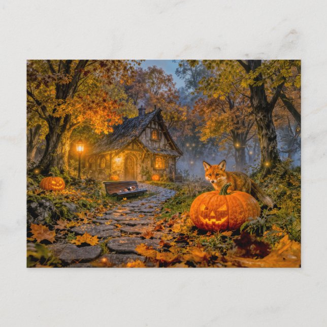 Halloween Forest Cottage with Fox Postkarte (Vorderseite)