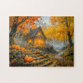 Halloween Forest Cottage with Pumpkins, Stone Path