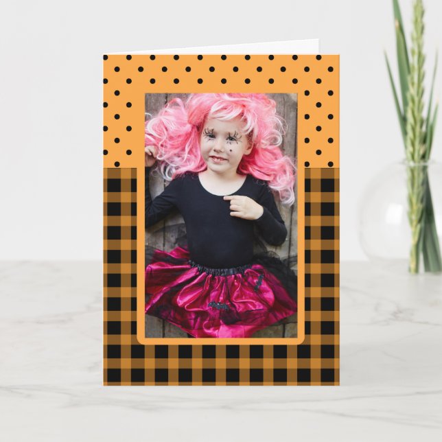 Halloween Foto Rahmen Kariert und Punkte Karte (Vorderseite)