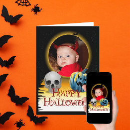 Halloween Foto Skelett und Jack o'Lantern Karte