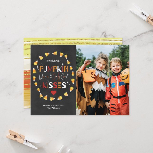 Halloween-Fotokarte | Pumpkin Wünsche & Candy Corn Karte (Vorderseite/Rückseite Beispiel)
