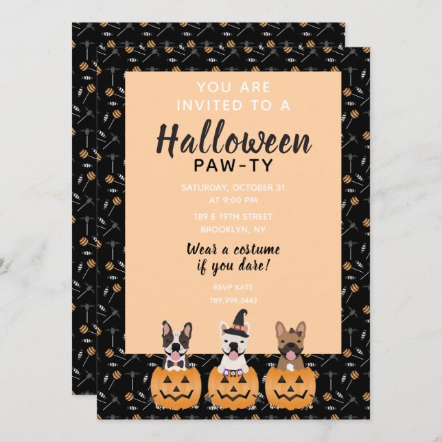 Halloween-Französisch-Bulldog-Trick oder -Behandlu Einladung (Vorne/Hinten)
