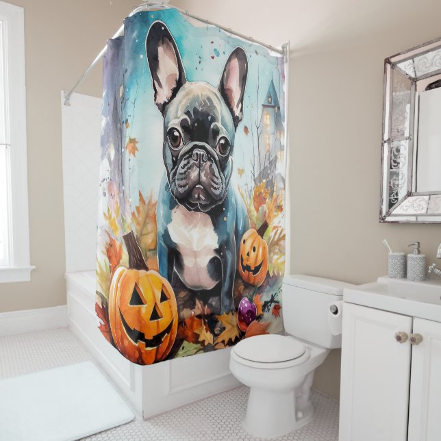 Halloween French Bulldog mit Pumpkins Beängstigend Duschvorhang (Beispiel)