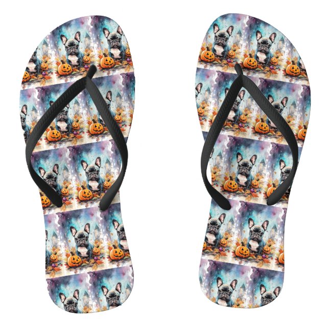 Halloween French Bulldog mit Pumpkins Beängstigend Flip Flops (Fußbett)