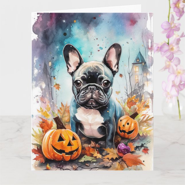 Halloween French Bulldog mit Pumpkins Beängstigend Karte (Orchidee)