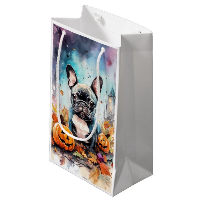 Halloween French Bulldog mit Pumpkins Beängstigend Kleine Geschenktüte (Vorderseite Schrägansicht)