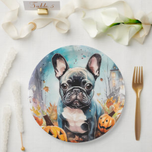 Halloween French Bulldog mit Pumpkins Beängstigend Pappteller