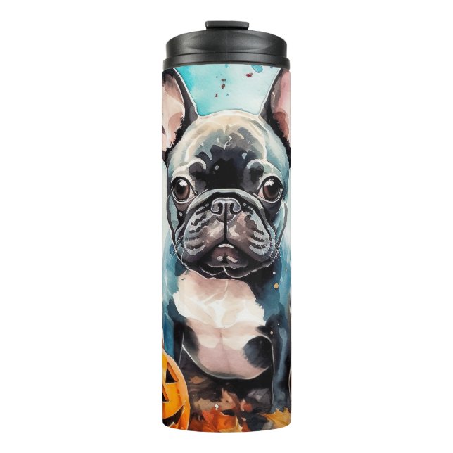 Halloween French Bulldog mit Pumpkins Beängstigend Thermosbecher (Vorderseite)