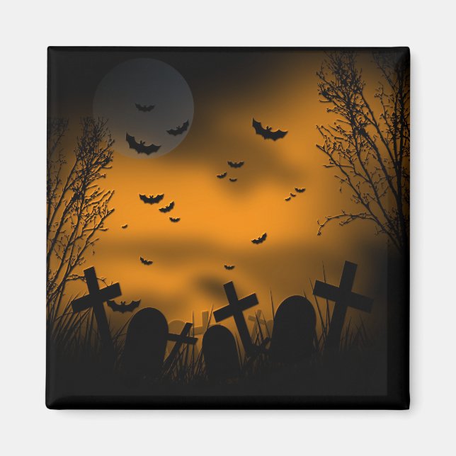 Halloween Friedhof mit Fledermäusen und Grabsteine Magnet (Vorne)