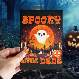 Halloween-Friedhof mit süßem Geist und riesigem Mo Postkarte