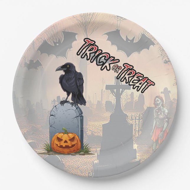 Halloween-Friedhof Pappteller (Vorderseite)