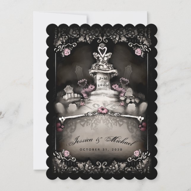 Halloween-Friedhofs-Liebe-Rosa-Blumenhochzeit Einladung (Vorderseite)