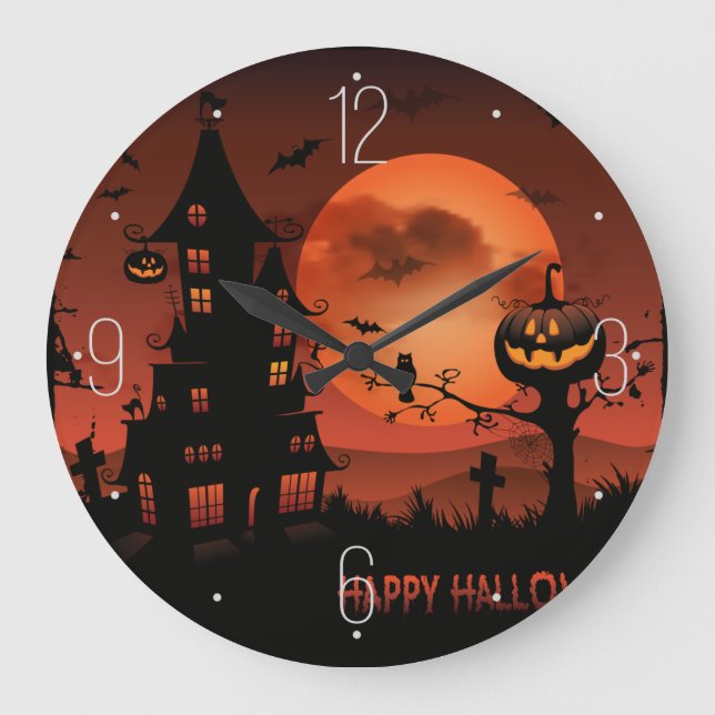 Halloween Friedhofszenen Kürbisbattentaummond Große Wanduhr (Vorderseite)
