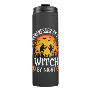 Halloween-Friseur bei Tag, Hexe bei Nacht Thermosbecher
