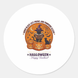 Halloween Froher Lehrer Schwarze Katze Hexenhut Kü Runder Aufkleber
