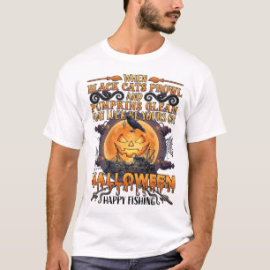 Halloween Frohes Fischen Schwarze Katzen Kürbisse T-Shirt