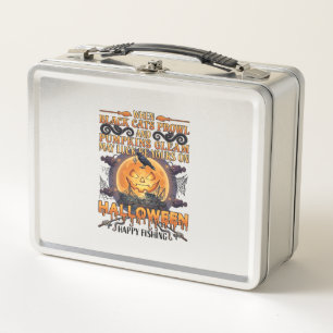 Halloween Fröhliches Fischen Schwarze Katzen Kürbi Metall Brotdose