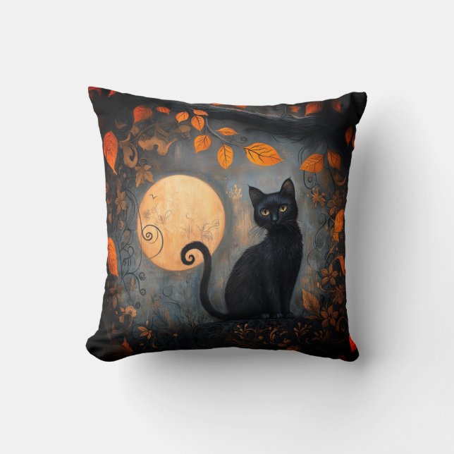 Halloween Full Moon Black Cat Verzierter Herbst Kissen (Vorderseite)