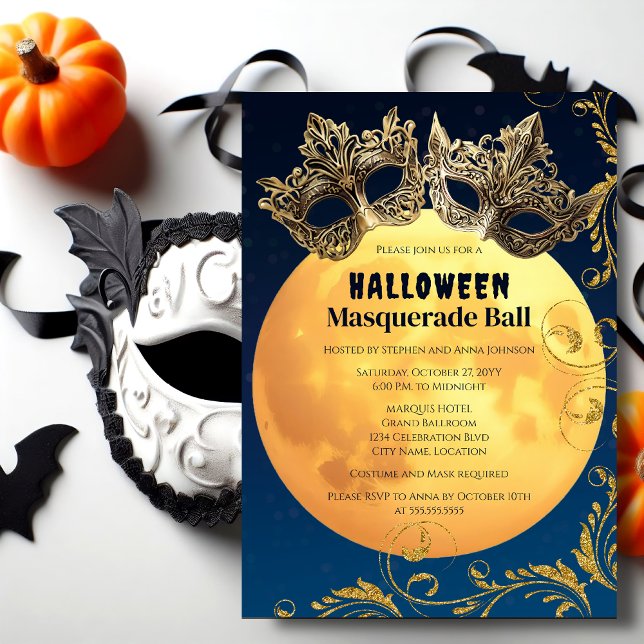 Halloween Full Moon Masquerade Ball Einladung (Halloween full moon masquerade ball invitation front.)