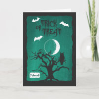 Halloween für Friend, Owl Crooked Tree Moon & Bats