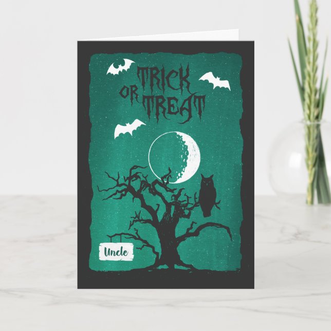 Halloween für Onkel, Owl Crooked Tree Moon & Bats Karte (Vorderseite)