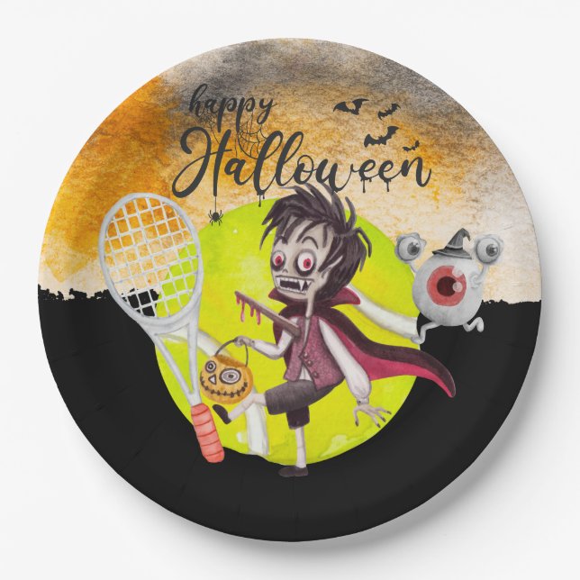 Halloween für Tennisspieler mit Schläger und Ball Pappteller (Vorderseite)