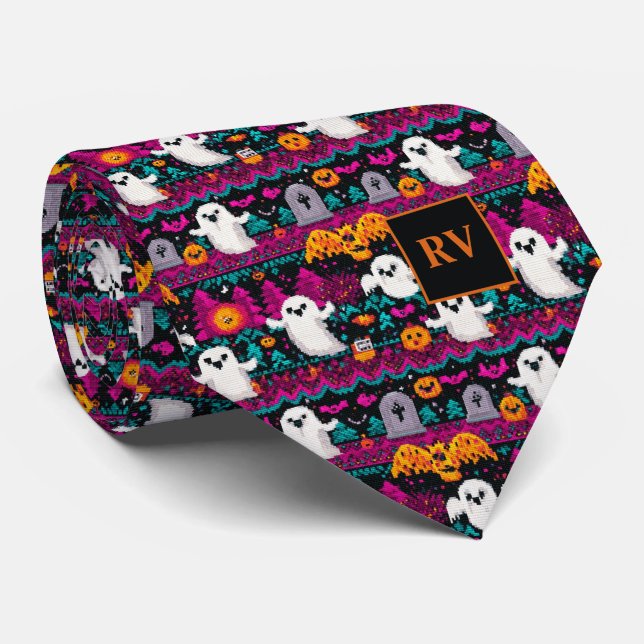 Halloween Gamming Pixel Spook Sweater Mit Monogram Krawatte (Gerollt)