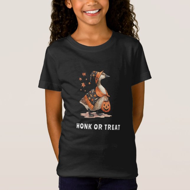 Halloween-Gans-Hupf oder Süßigkeiten-Mädchen T-Shirt (Vorderseite)
