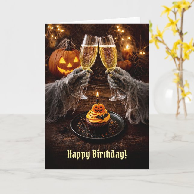 Halloween Geburtstag mit Cupcake Champagner  Karte (Gelbe Blume)