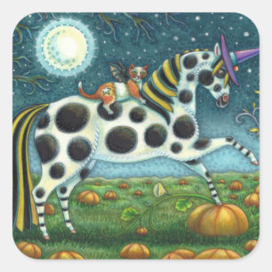 HALLOWEEN GEFLECKTES PONY & FLEDERMAUS KATZE Whims Quadratischer Aufkleber