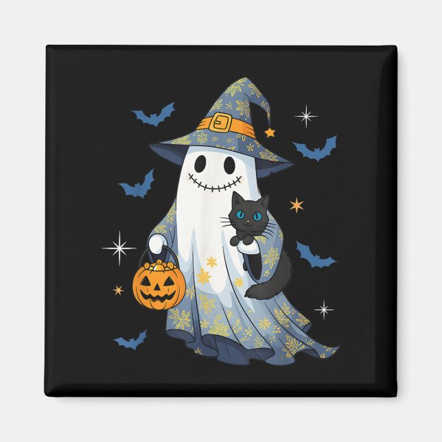 Halloween-Geist-Hexe, die eine schwarze Katze hält Magnet (Vorne)