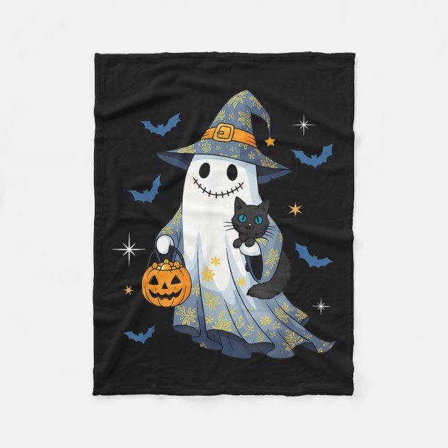 Halloween-Geist Hexe hält schwarze Katze lustiger  Fleecedecke (Vorderseite)
