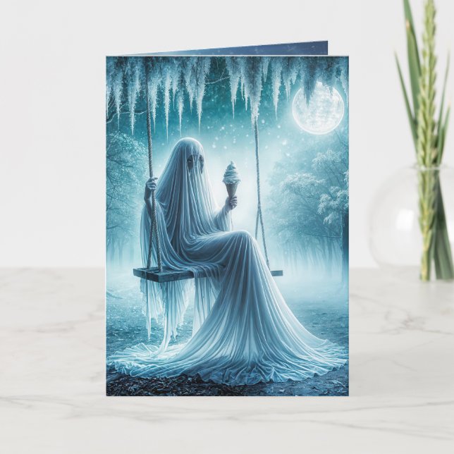 Halloween-Geist isst einen Eiskrem Karte (Vorderseite)