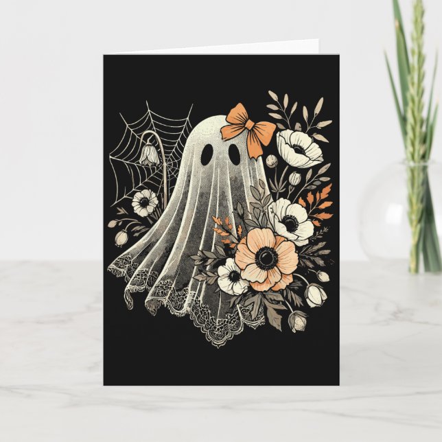 Halloween-Geist mit Blumen Vintage  Karte (Vorderseite)