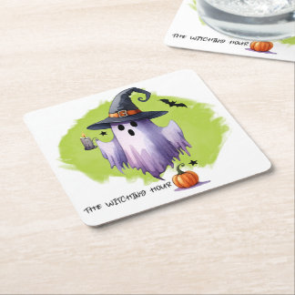 HALLOWEEN Geist mit einem Hexenhut und einem Kürbi Rechteckiger Pappuntersetzer