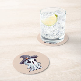 Halloween: Geist mit Hut -  Runder Pappuntersetzer