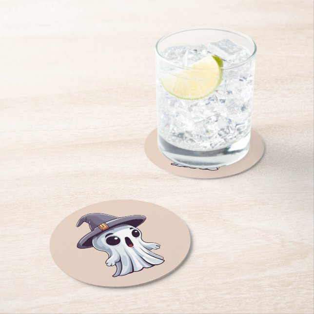 Halloween: Geist mit Hut -  Runder Pappuntersetzer (Vor Ort)