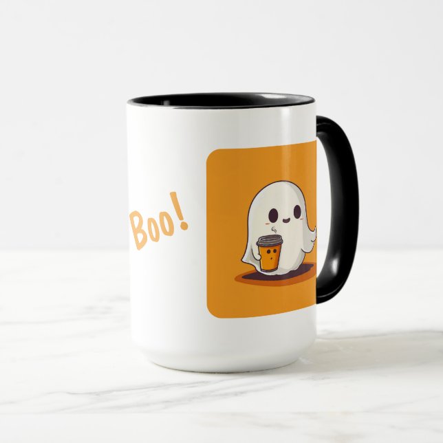Halloween Geist mit Kaffeetasse und Boo! (VorderseiteRechts)