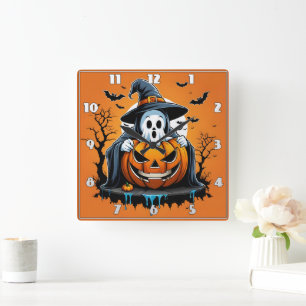 Halloween-Geist mit Kürbis unter einem unheimliche Quadratische Wanduhr
