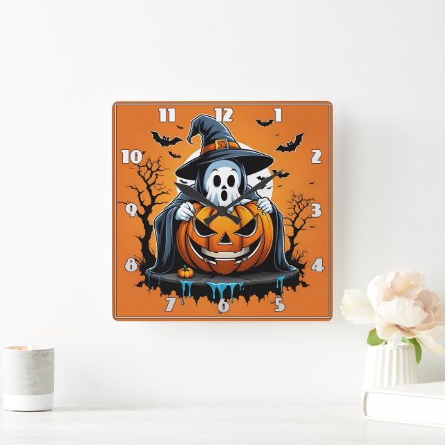 Halloween-Geist mit Kürbis unter einem unheimliche Quadratische Wanduhr (Zuhause)