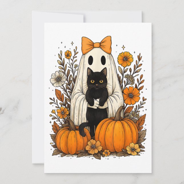 Halloween-Geist mit schwarzer Katze  Save The Date (Vorderseite)