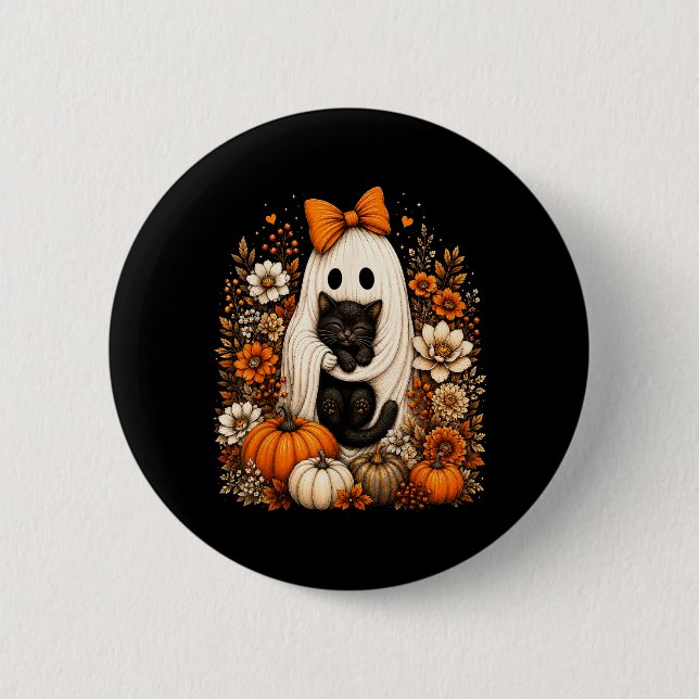 Halloween-Geist mit schwarzer Katze und Kürbis-Blu Button (Vorderseite)