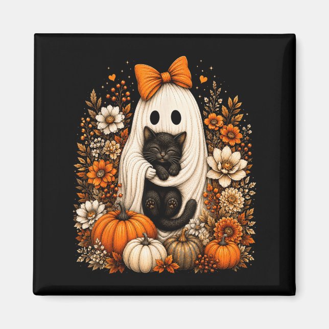 Halloween-Geist mit schwarzer Katze und Kürbis-Blu Magnet (Vorne)