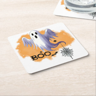 HALLOWEEN Geist mit Spinnennetz Rechteckiger Pappuntersetzer