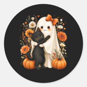 Halloween-Geist umarmt schwarze Katze Kürbis Blume Runder Aufkleber